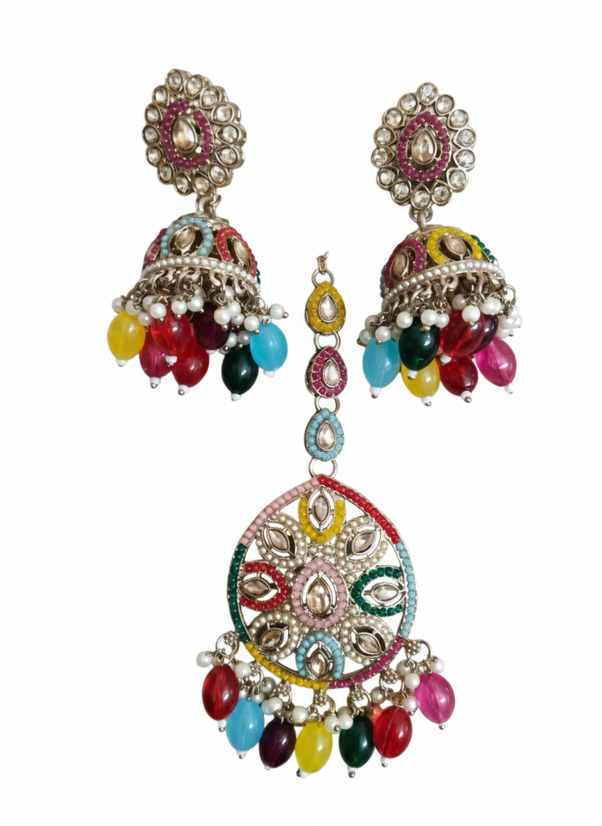 Multi-colored Jhumka and Maang Tikka