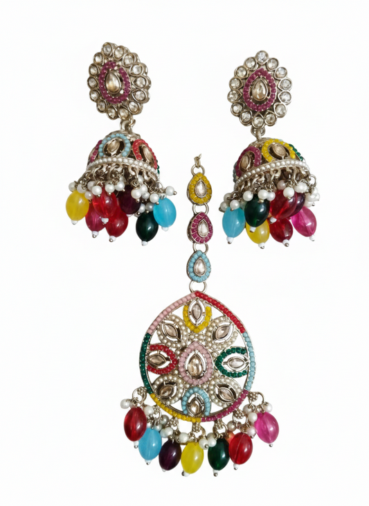 Multi-colored Jhumka and Maang Tikka